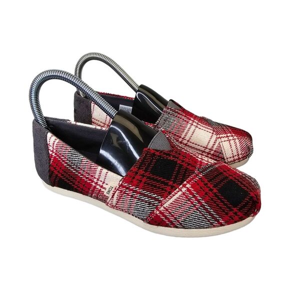 Toms Women's 6 Alpargata Classic Slip On Flats Plaid Red Black White - Picture 2 of 10